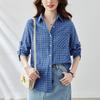 Blue Plaid Shirt Women's Long-sleeved Spring Clothes New Style Literary Plaid Top Temperament Retro Shirt