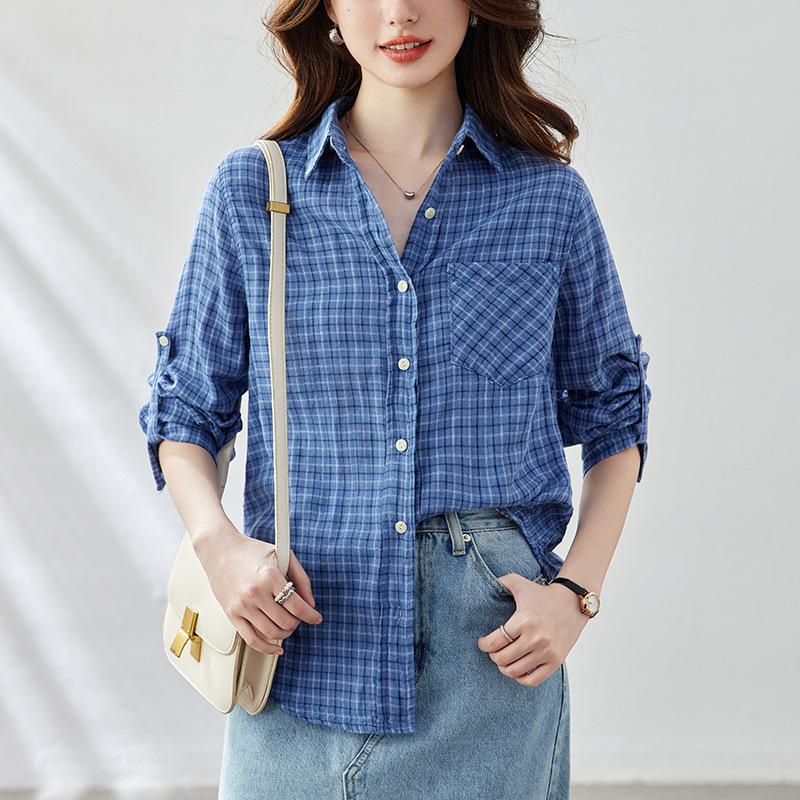 Blue Plaid Shirt Women's Long-sleeved Spring Clothes New Style Literary Plaid Top Temperament Retro Shirt