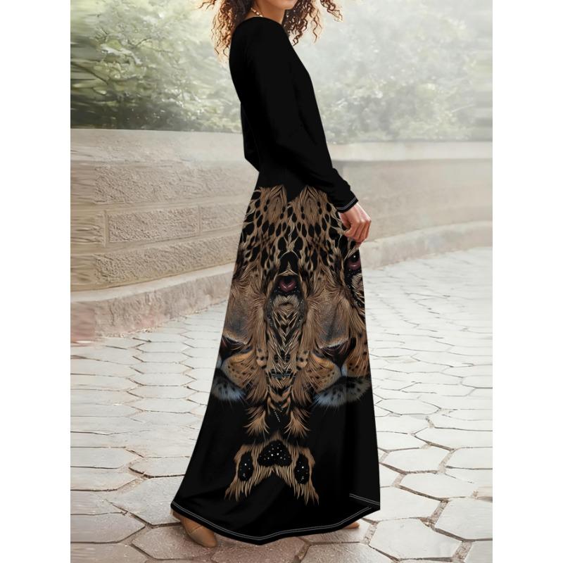 Elegant Women's Long-Sleeve Maxi Dress, Round Neck Long-Sleeve Dress, Printed Fabric, for Home, Vacation, and Commuting, Soft and Breathable Fabric