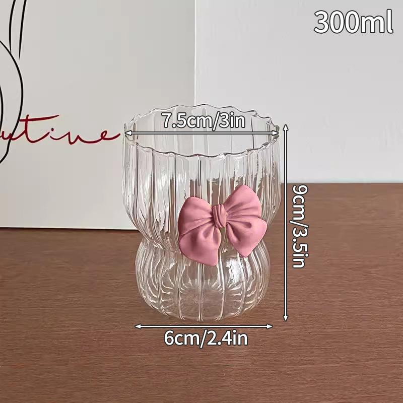300ML Bow Decor Glass Cups  Transparent  Coffee Milk Mug Cartoon Striped  Water Cup  Drinkware Kitchen Desk  Decor  Girls Gift