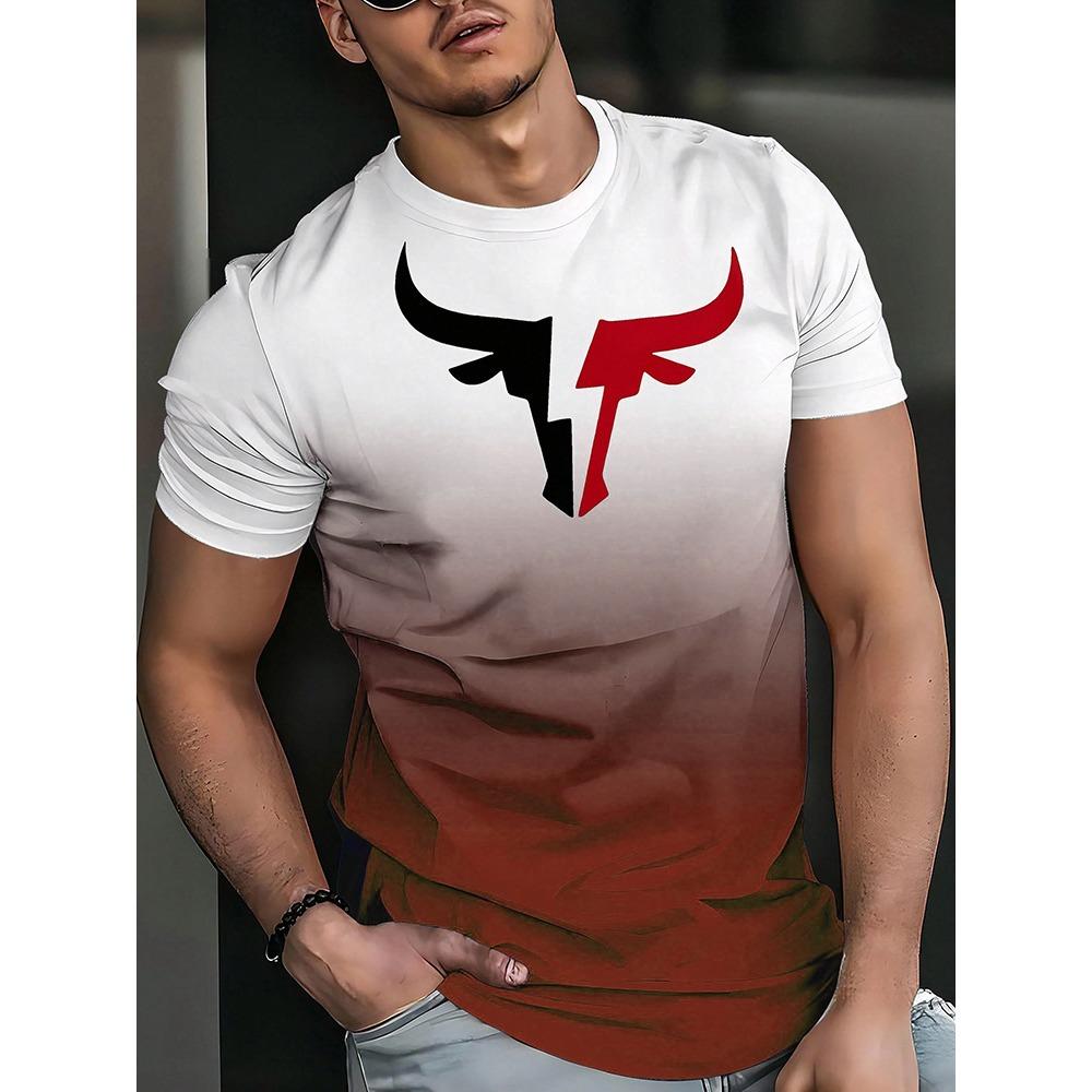3D Bull Head Print Summer Casual Men's T-shirt Urban Street Fashion Men's Short-sleeved Shirt Outdoor Sports and Fitness Men's S