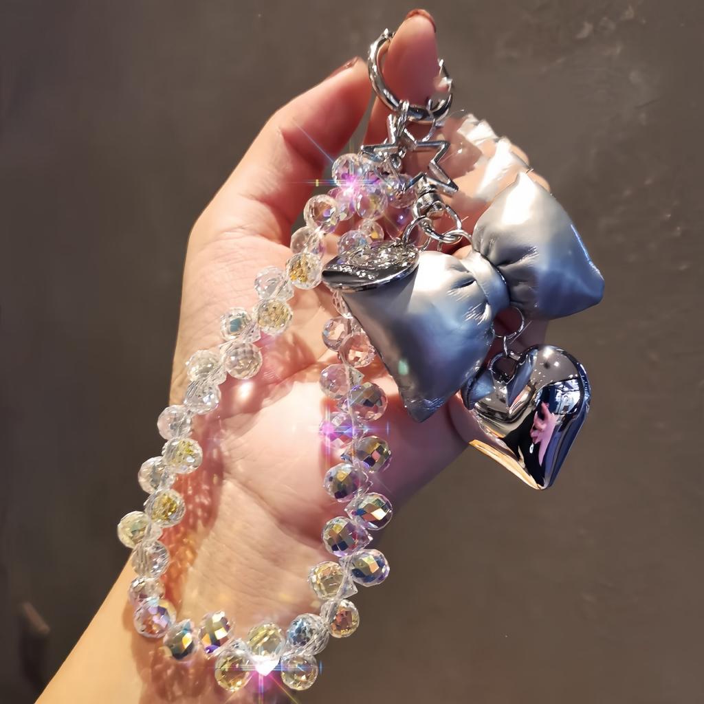 Ins style beaded phone wrist chain, love tie design, universal anti-lost short pendant lanyard for women outdoor shopping travel.
