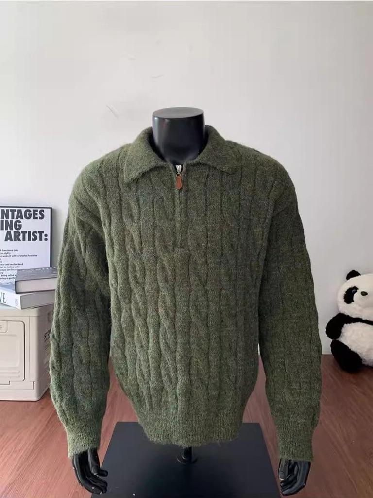 Men's Retro Cable Knit Half-Zip Sweater - Autumn Trendy, Lazy Style, American Casual Polo