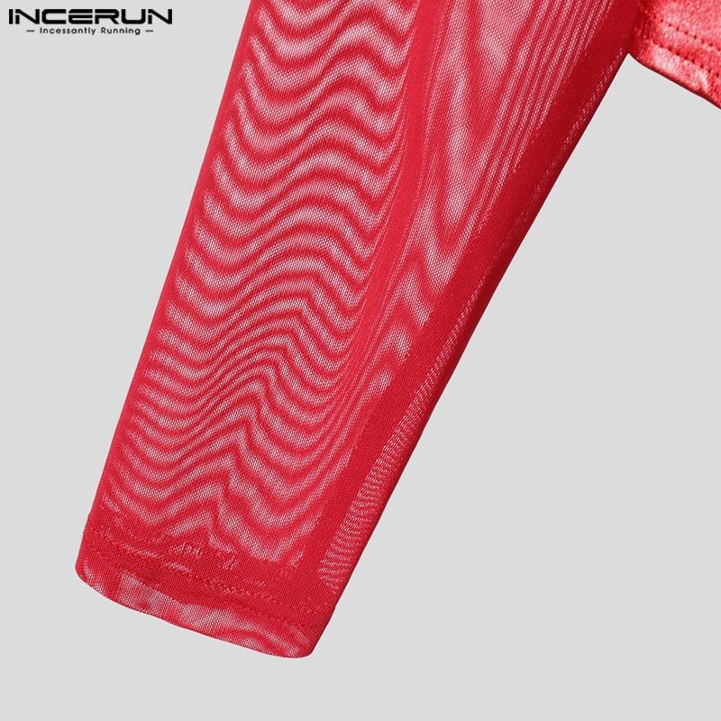 INCERUN Men Long Sleeve Glitter Patchwork Mesh Sheer See Through Leotard Jumpsuits