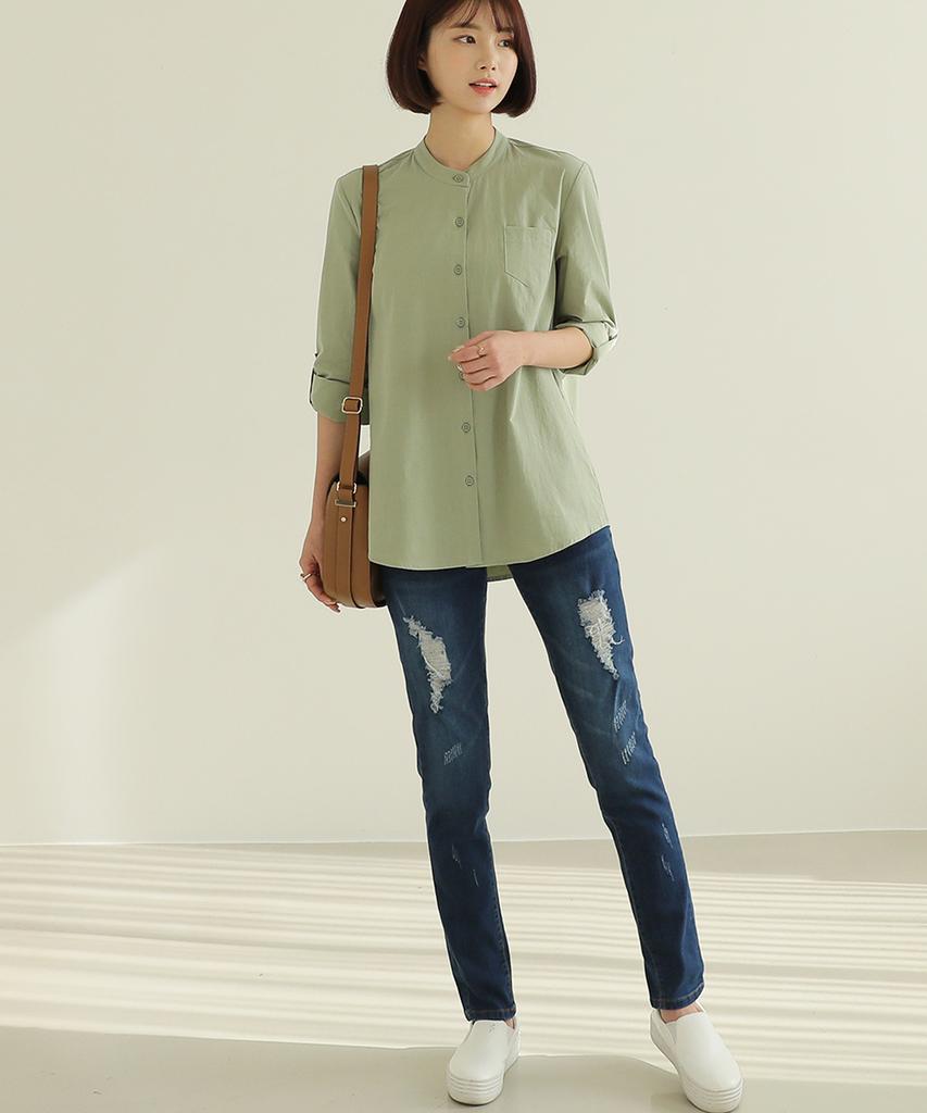 Ppaeppae Pocket Point Mandarin Collar Neck Natural Blouse