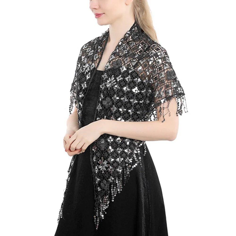 1Pc Elegant  Triangle Sequins Wedding Shawl Women Evening Dress Shawl Ladies  Banquet Decoration Tassel Shawls