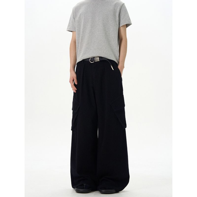 Kisko American Retro Washed Large Pocket Baggy Silhouette Cargo Pants Unisex Loose Straight Casual Wide-Leg Pants