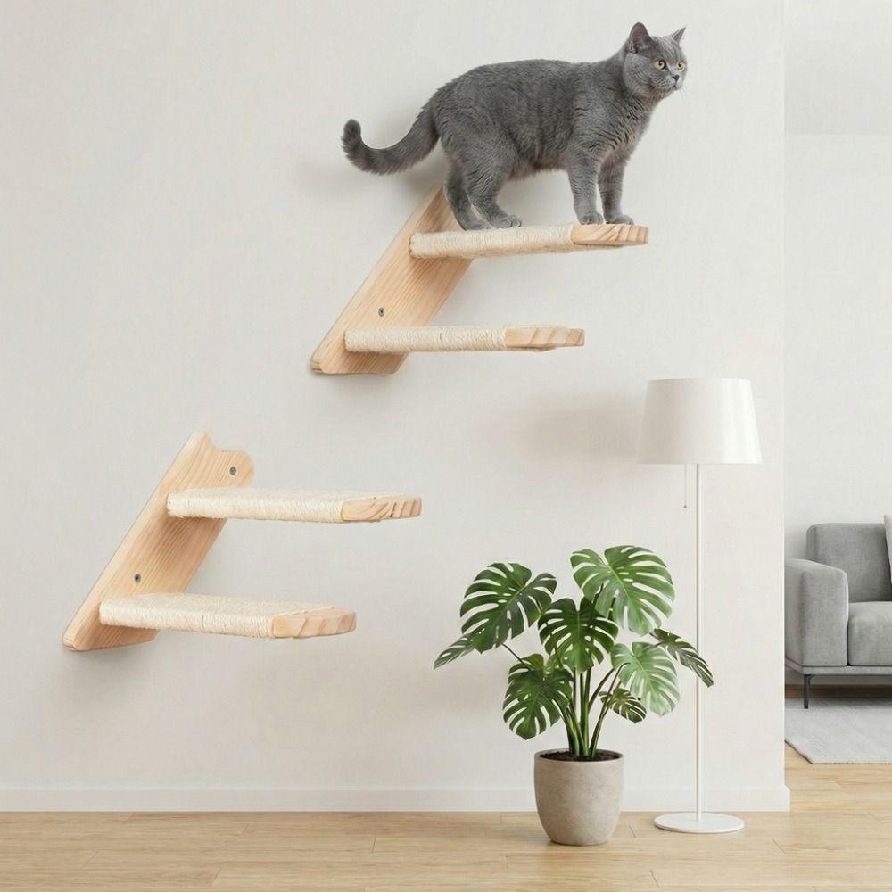 Wooden Cat Climbing Shelf Wear Resistant Space Saving Wall Mounted Cat Hammock with Cushion Pet Wall Steps Training