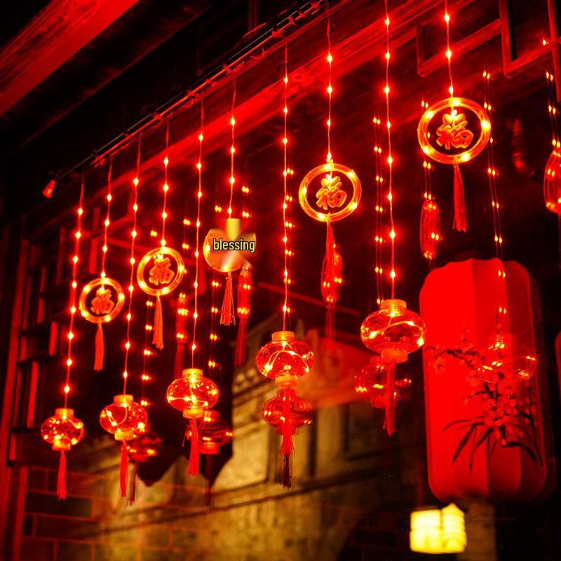 2025 New Year Red Lantern LED Curtain String Lights - Home Atmosphere Decoration with Fu Character