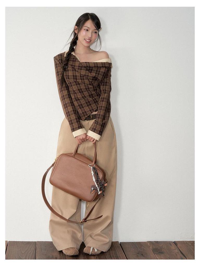 Herbst Schulterfreies Karriertes Langarmhemd für Damen, Tailliert, Schlankmachend, Wunderschönes Design