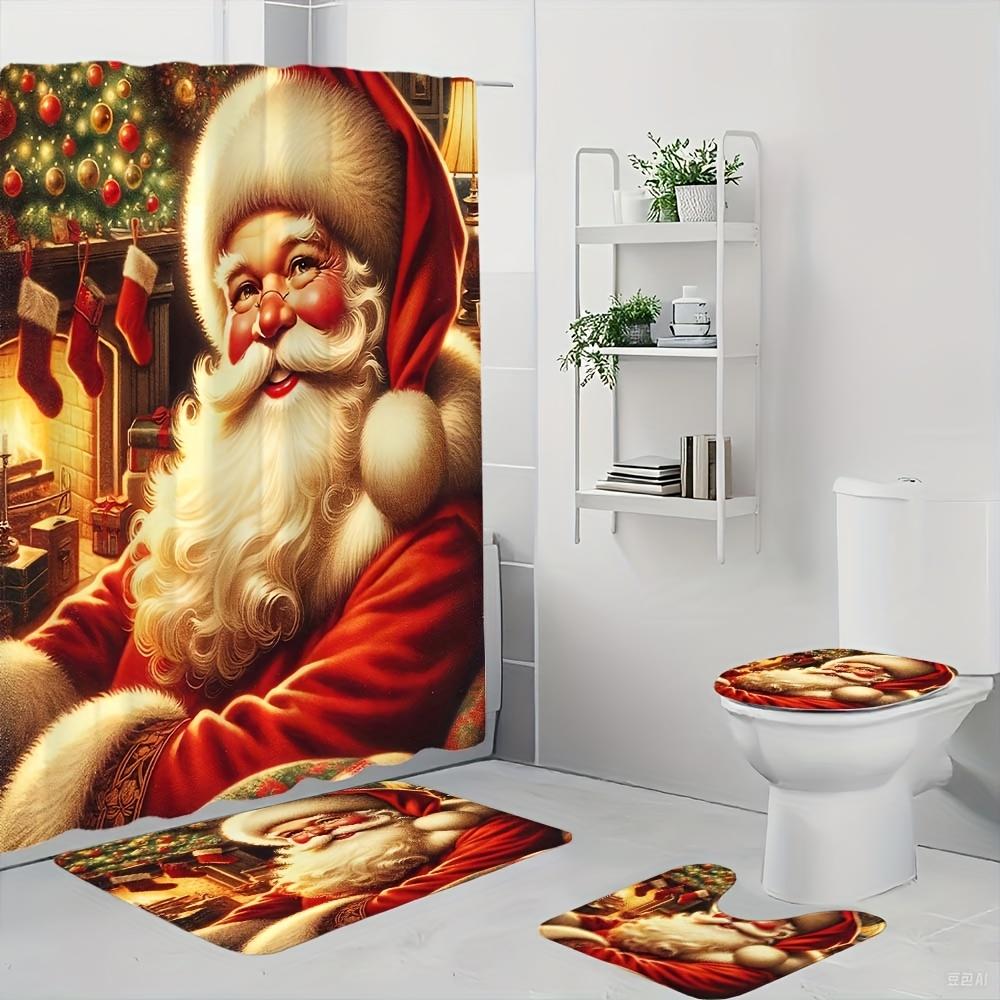 4Pcs Bathroom Shower Curtain Set Santa Claus  Bathroom Curtain With 12 Hooks Non Slip Rugs Toilet Cover Mat Bathroom Partition