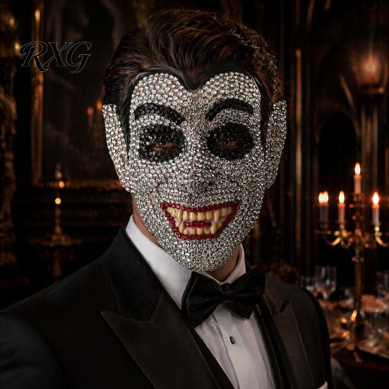 Masquerade Mask Halloween Skull Full Face Mask, Sparkly Rhinestone Undead Theme for Party, Adjustable Strap Cosplay Prop Women Men Lightweight Costume