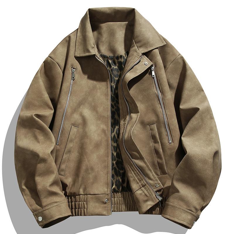 Men's Lapel Leather Jacket Men's Spring and Autumn New Zipper Vintage Cargo Cycling Motorcycle Jacket