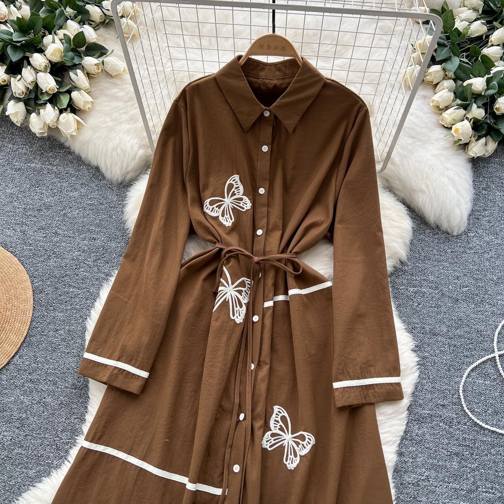 Elegant Butterfly Embroidered Polo-neck Vintage Long Sleeves Single Breasted Slim A-line Long Dress French High Street Clothing