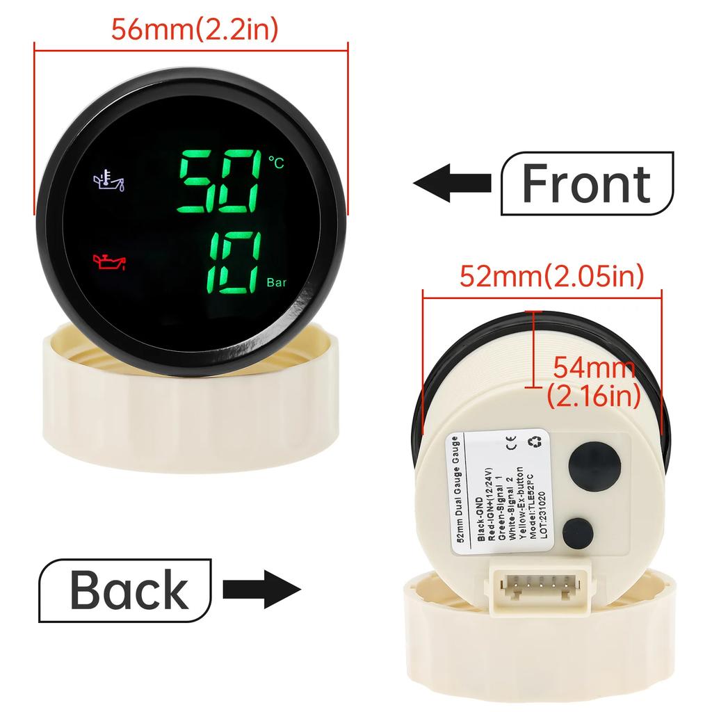 2 IN 1 Oil Temperature+Oil Pressure Gauge with Sensor Digital Display Red/Green Car Gauge Backlight for Marine Boat Car 9-32V