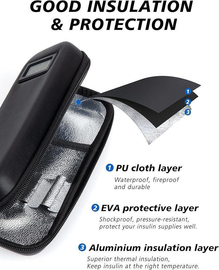 Outdoor Protable Insulin Cooler Bag Insulin Vial Protector Thermometer Display Insulin Vial Storage Case Waterproof Storage Bag