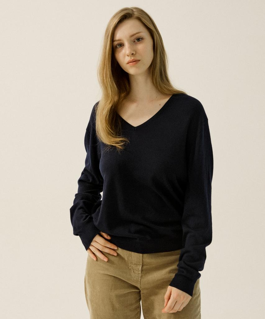 OATMEAL CAFE Timeless Essential V-Neck Knit - Navy