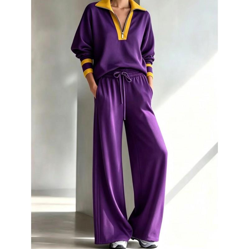 Womens Casual 2-Piece Set Long Sleeve Hoodie Wide-Leg Pants Fall Outfit Loose Fit Color-Block Sporty Style