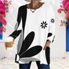 Damski T-shirt oversize z okrągłym dekoltem, długim rękawem, w kolorze czarno-biały z nadrukiem, luźny, przedłużany, z kieszeniami