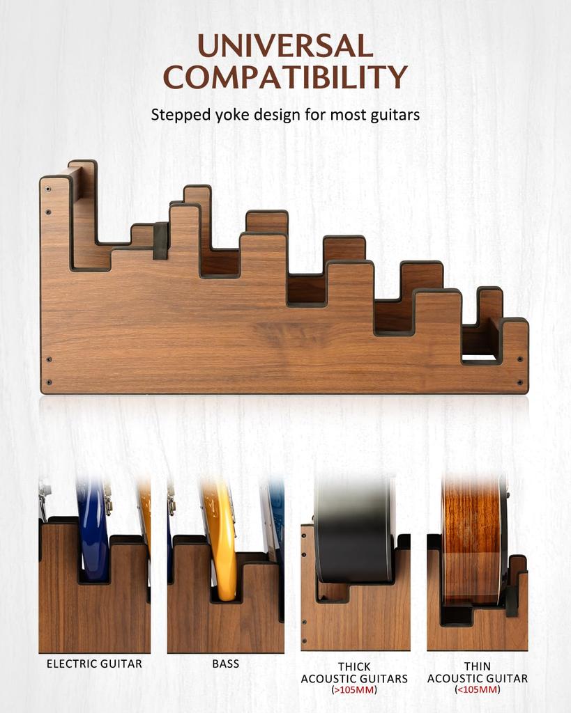 STRICH Guitar Wooden Guitar Rack with Front Design for and Stage Walnut 4 Electric Guitars and 1 Acoustic Stand, 5-Guitar Stand, Floor-Mounted