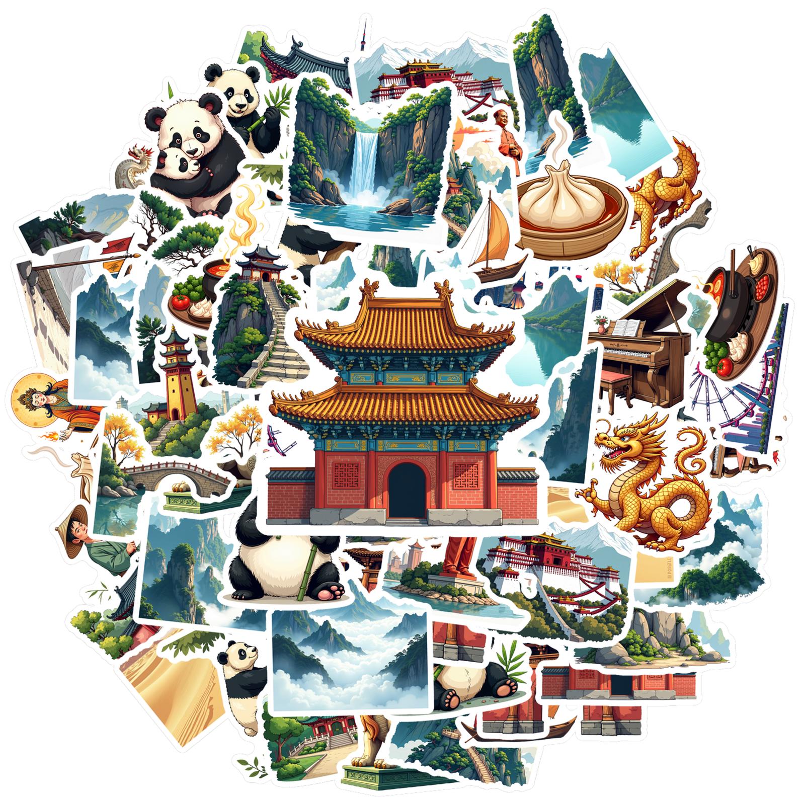 35pcs-50pcs Cartoon Chinese Culture Stickers Traditional Panda Teacher Reward Stickers Panda Stickers For Luggage Laptop
