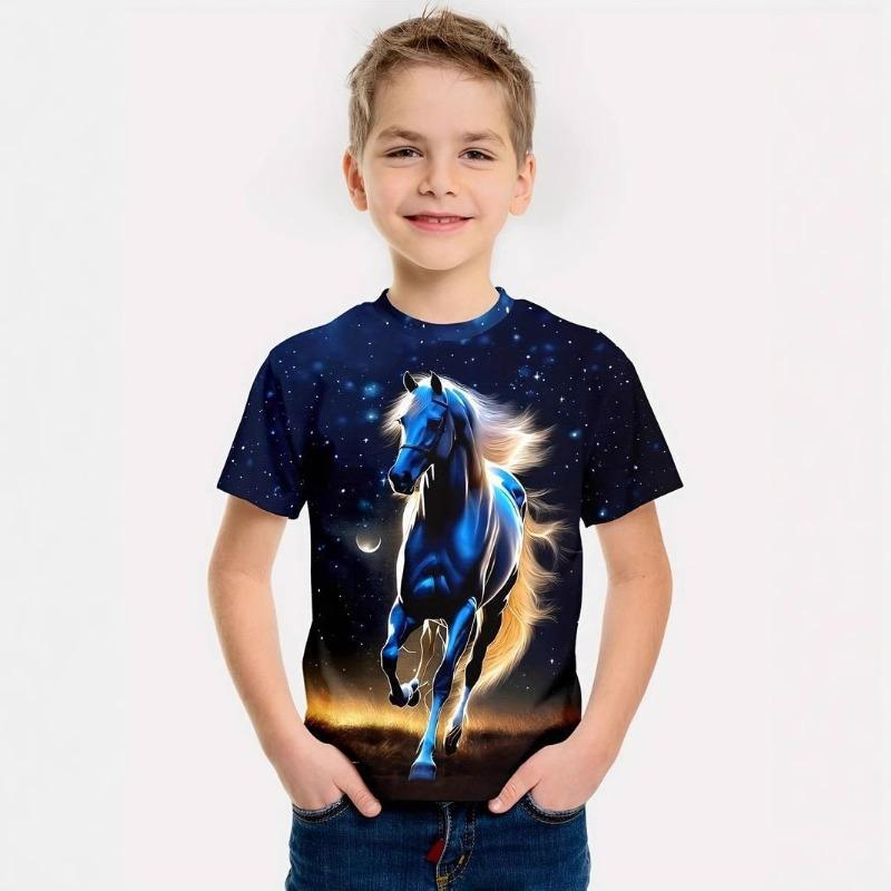 Summer Comfortable Soft Children's Fashionable 3D Printed Horse Pattern Round Neck Boys' Girls' Short Sleeved T-shirt