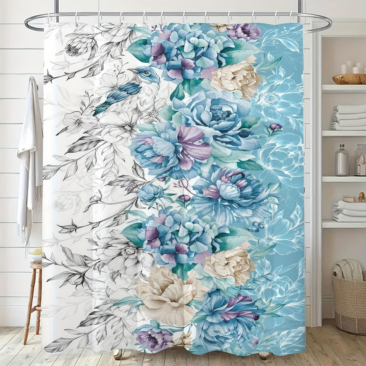 

Vibrant Floral Art Shower Curtain - Aqua Blue Background, Spring Flowers Design, Machine Washable, Includes Hooks W60H190(CM)-1 Pcs