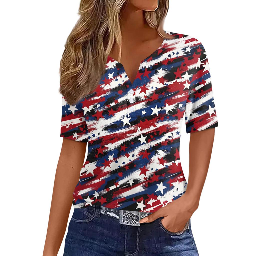 Damska koszulka z nadrukiem na Dzień Niepodległości, z krótkim rękawem, z guzikami, na co dzień, na weekend, w modnym, prostym kroju, z dekoltem w serek, regularna