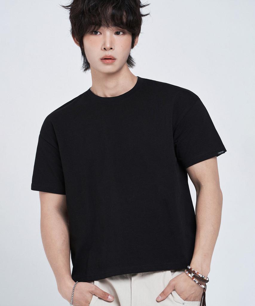 LEMAIN SECOND Crop Plain Oversized Short Sleeve T-Shirt [Black]