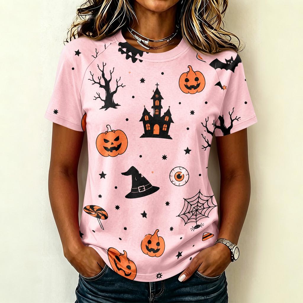 Women Raglan Sleeve Casual Short Sleeve Top Halloween Print Round Neck T Shirt Lightweight Comfortable Fit