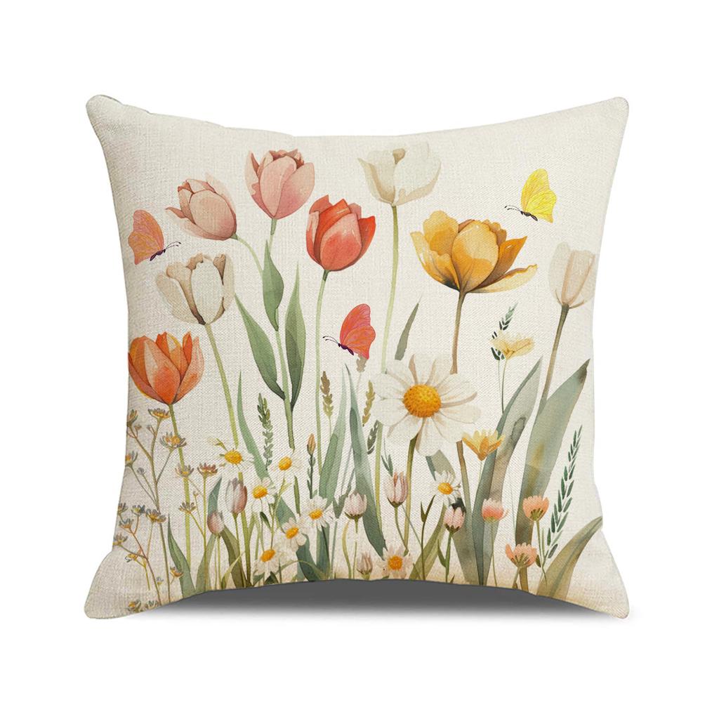 Floral Print Pillow Cover Spring Living Room Decor Sofa Cushion Linen Simple Versatile Car Cushion Cover