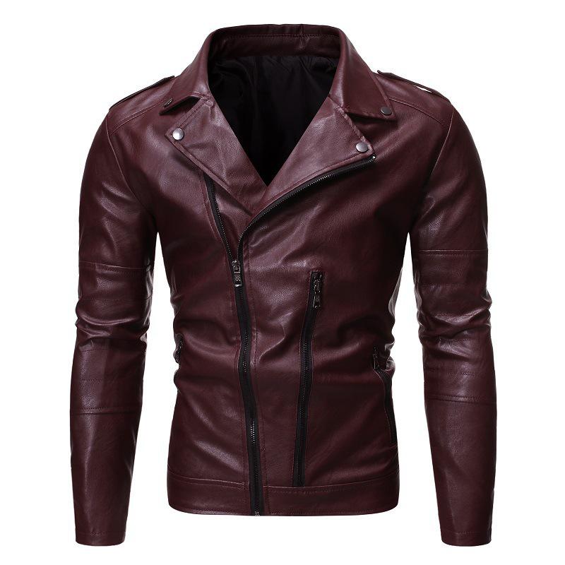 Men's 2019 Autumn/Winter Slim Fit PU Leather Motorcycle Jacket with Oblique Zipper and Lapel Design