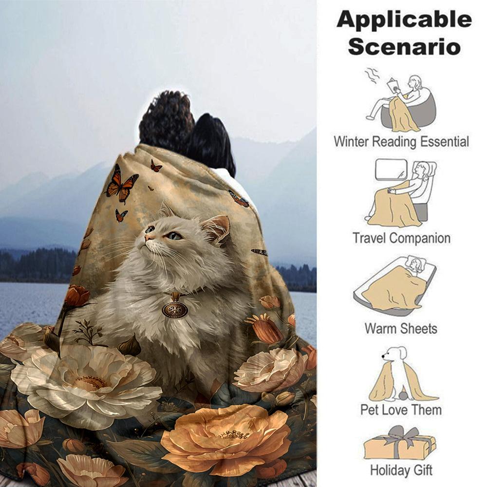 1pc cat, flowers blanket Lightweight Flannel Throw for Sofa Bed Travel Camping Livingroom Office Couch Chair