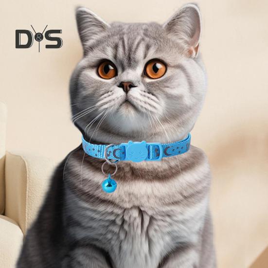 Kedi Tasması Ayarlanabilir Evcil Hayvan Tasması Zil ve Güvenlik Açma Tokası ile Yıldız Ay Baskılı Kopan Naylon Tasma Yavru Kediler için
