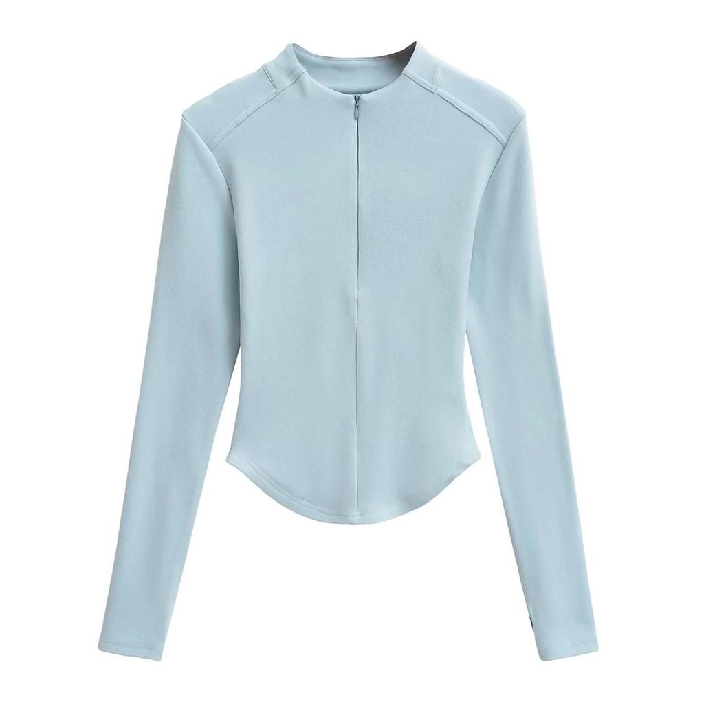 Spring 2025 Women's Small Waist Slimming Curved Velvet Half-Zip Long Sleeve T-shirt