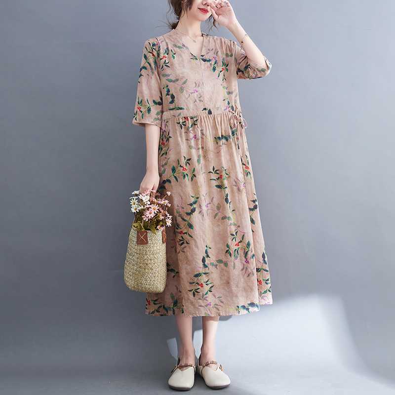 

Длинное платье больших размеров с V-образным вырезом, этническим принтом, разрезными рукавами, свободными завязками на талии 2XL розовый