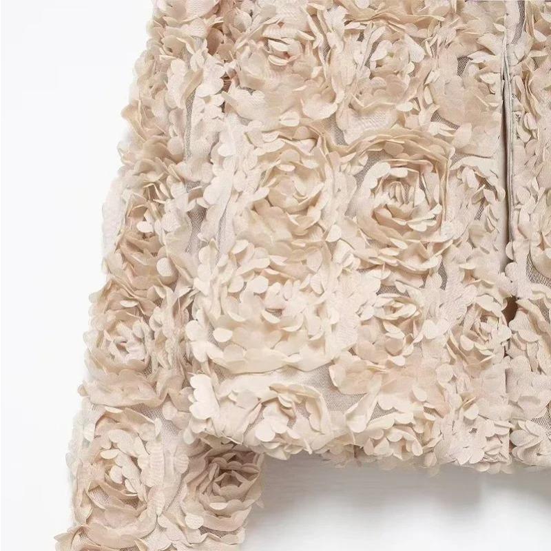 Street Short 3d Flower Lace Jacket Women Chic O-neck Long Sleeve Zipper Female Coats Autumn Lady All-match Outwears