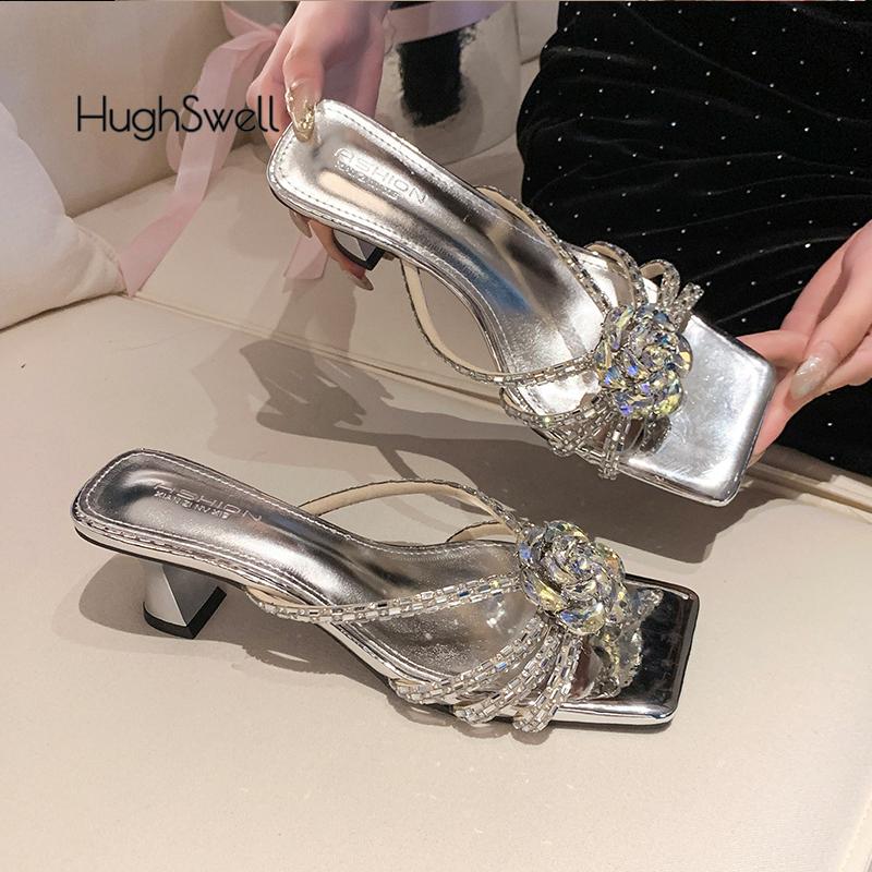 Fashion Luxury Crystal Flower Heeled Sandals Woman Brand Design High Heel Rhinestone Strap Mule Slide Ladies Bling Square Toe Party Shoe