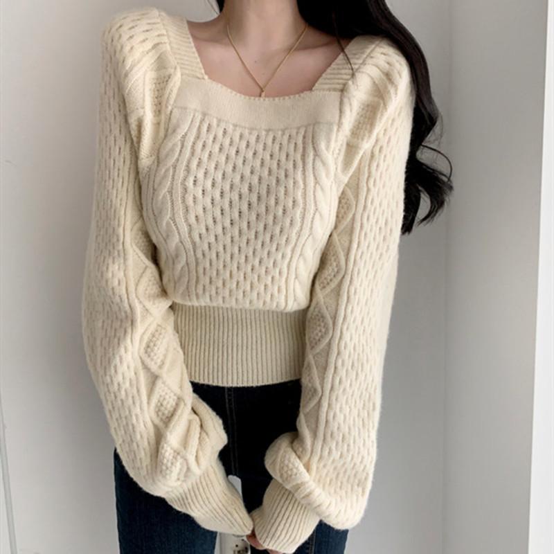 

Elegant Square Neck Lantern Sleeve Twist Pullover Sweater Women s Loose Long Sleeved Knitted Bottoming Shirt Fashion Solid Color Casual Office Tops one size