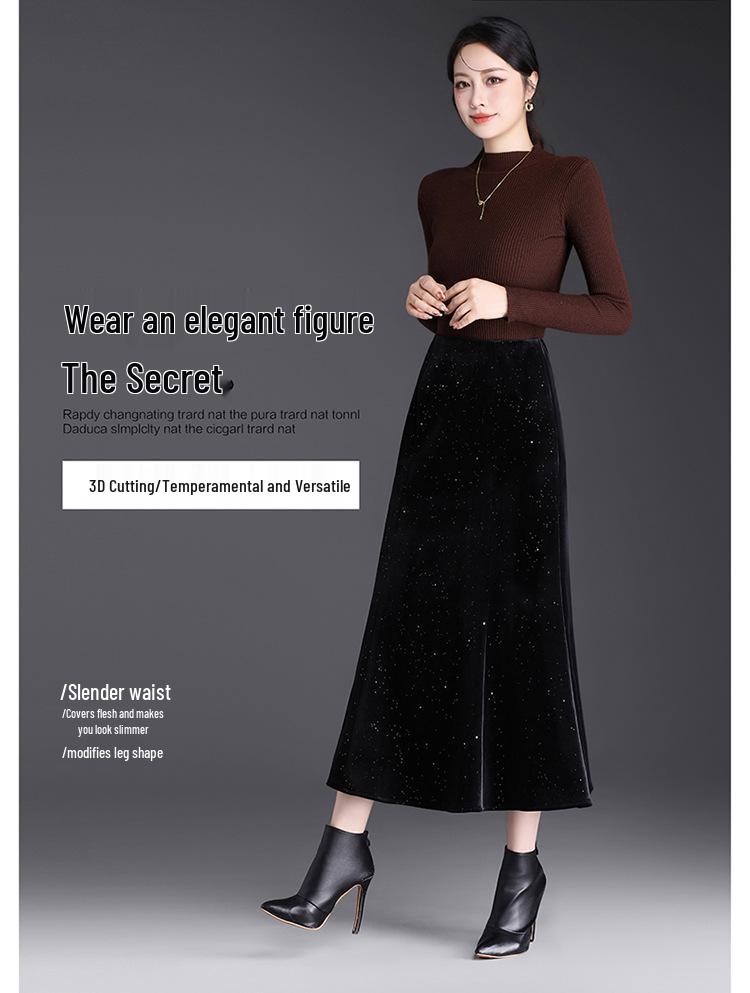Black Velvet Sequin Fishtail Skirt - 2026 Spring High-Waisted Bodycon Skirt for Commuting