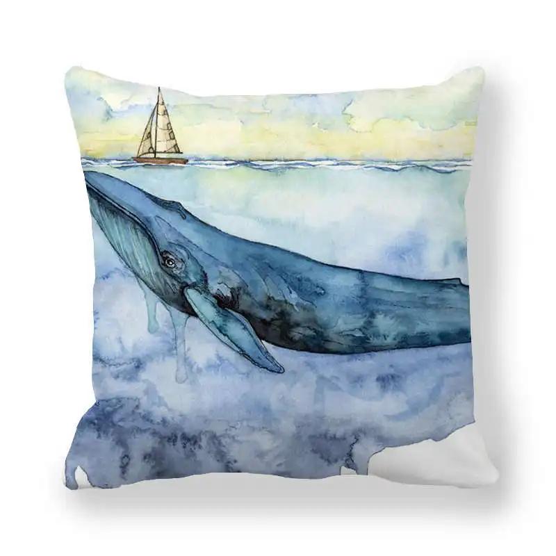 Watercolor Whale Polyester Throw Pillow Cover Sofa Bedside Cushion Pillowcase Ocean Blue Sea Fish Decorative Pillowcases 45X45Cm