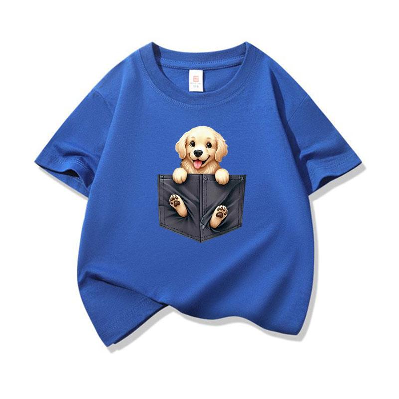 Kids Cotton T Shirt Lovely Pocket Golden Retriever Puppy Dog Print Crew Neck Short Sleeve Tee Breathable Boys Girls Summer Tops