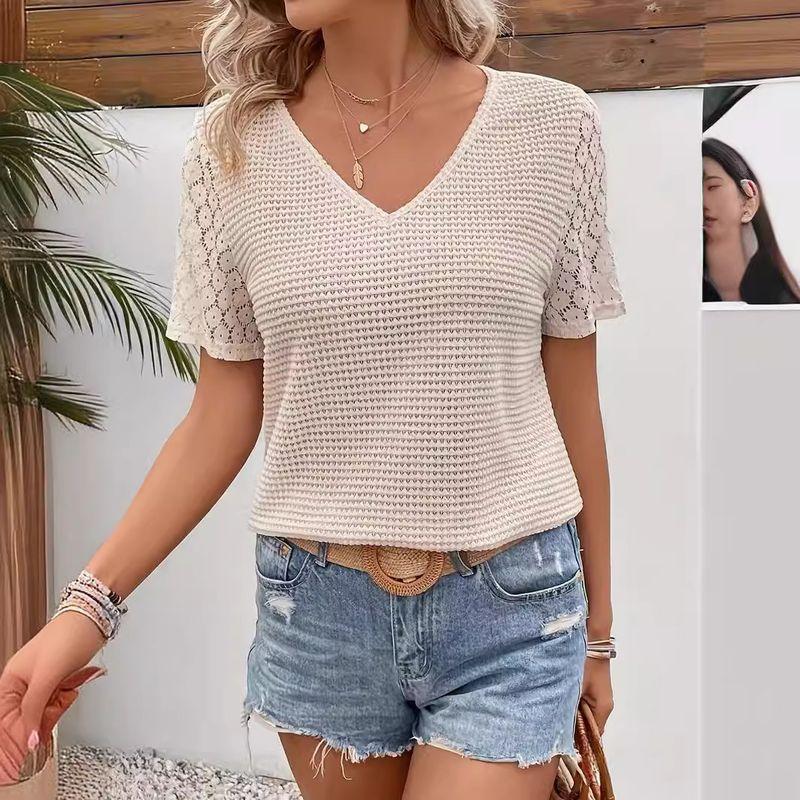 

2024 Lace Short Sleeved V-neck Short Sleeved T-shirt Beige XL