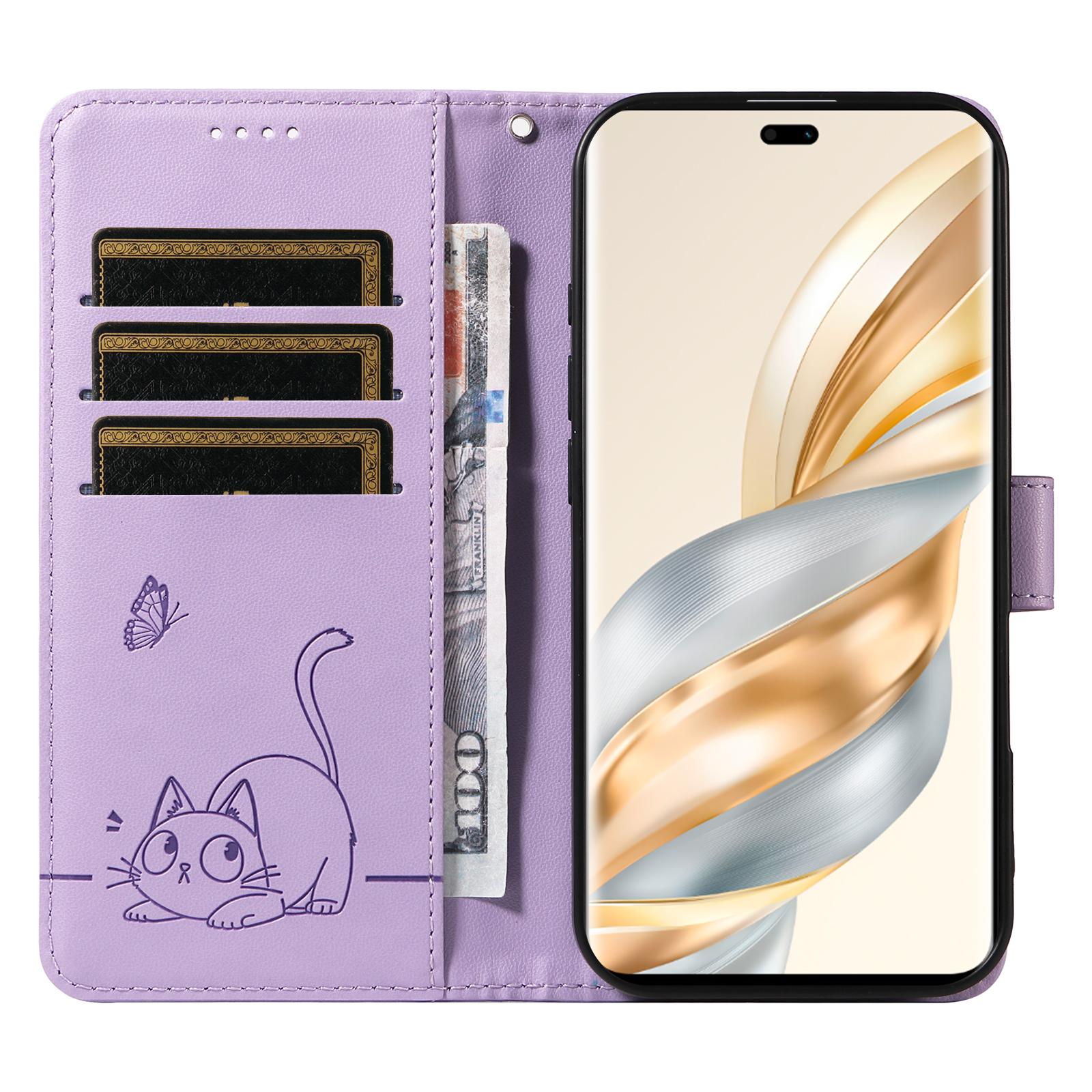 

For Honor X9c 5G/X60 Pro 5G Wallet Case Cat Pattern Imprint Leather Phone Cover with Wrist Strap Sky Blue