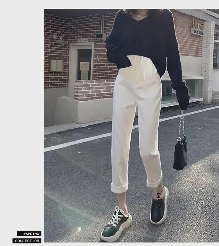 Blugi albi ocazional de maternitate - Suport pentru burtă de toamnă și jambiere largi pentru mămici