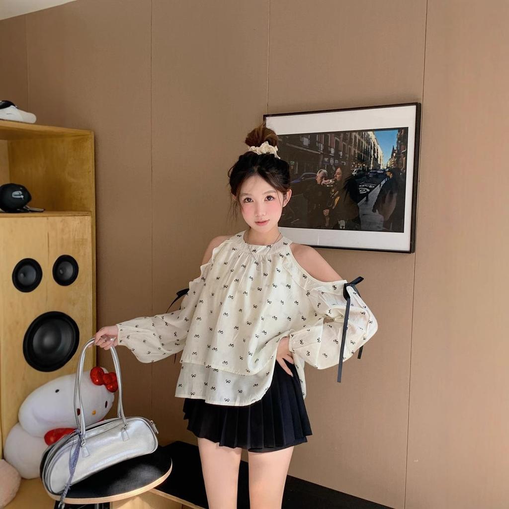 Sweet and Girlish Off-shoulder Halter Neck Top Korean Style Summer Loose Bow Printed Long-sleeved Short Shirt