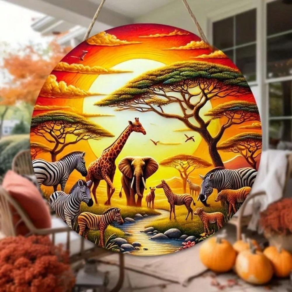 African Wildlife Round Metal Wall Art Decor for Living Room Garden Home