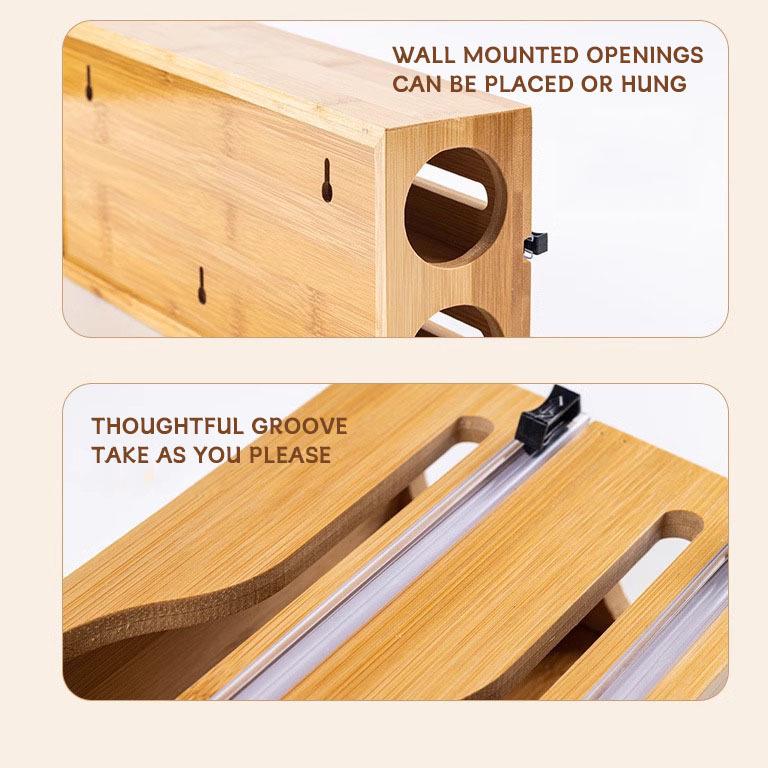 Wall-Mounted Bamboo Foil & Cling Film Cutter with Storage Compartments and Slide Knife