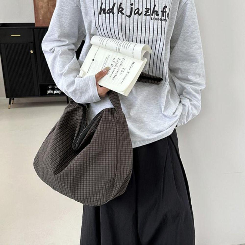 Casual Nylon Plaid Shoulder Bag Large Capacity Casual Striped Tote Bag Light Weight Commut Crossbody Bags Women