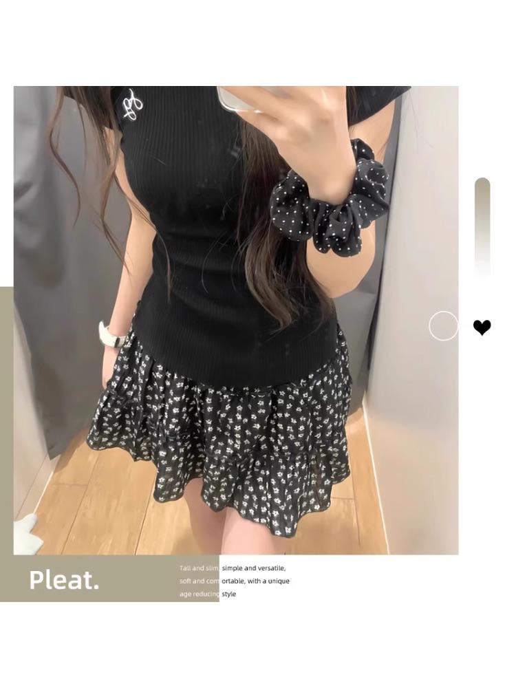 Summer 2025 Floral High-Waisted Loose Slimming Drawstring Anti-Exposure Cake Skirt